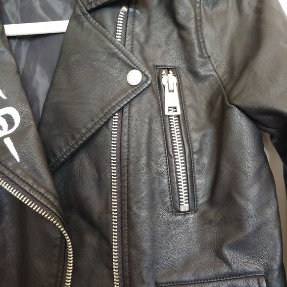 Levi's faux leather bomber jacket painted Saints & Sinners graphic on back.  Med - Picture 5 of 16